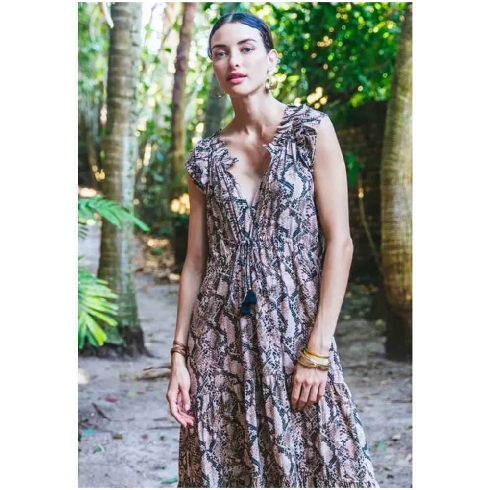 FIGUE Gianna Snake Python Print Ruffle Sleeve Maxi Dress Size XL